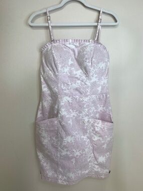 Maria Valentina Pink White Floral Denim Mini Dress Cotton Ruffle S
